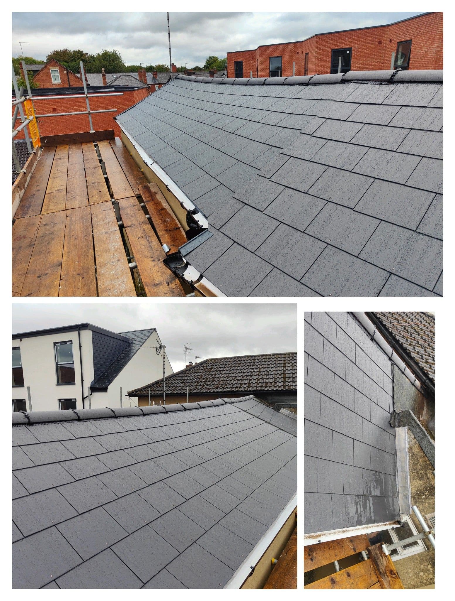 Newly tiled extension roof with slate-effect tiles, photographed from scaffolding alongside neighbouring rooftops