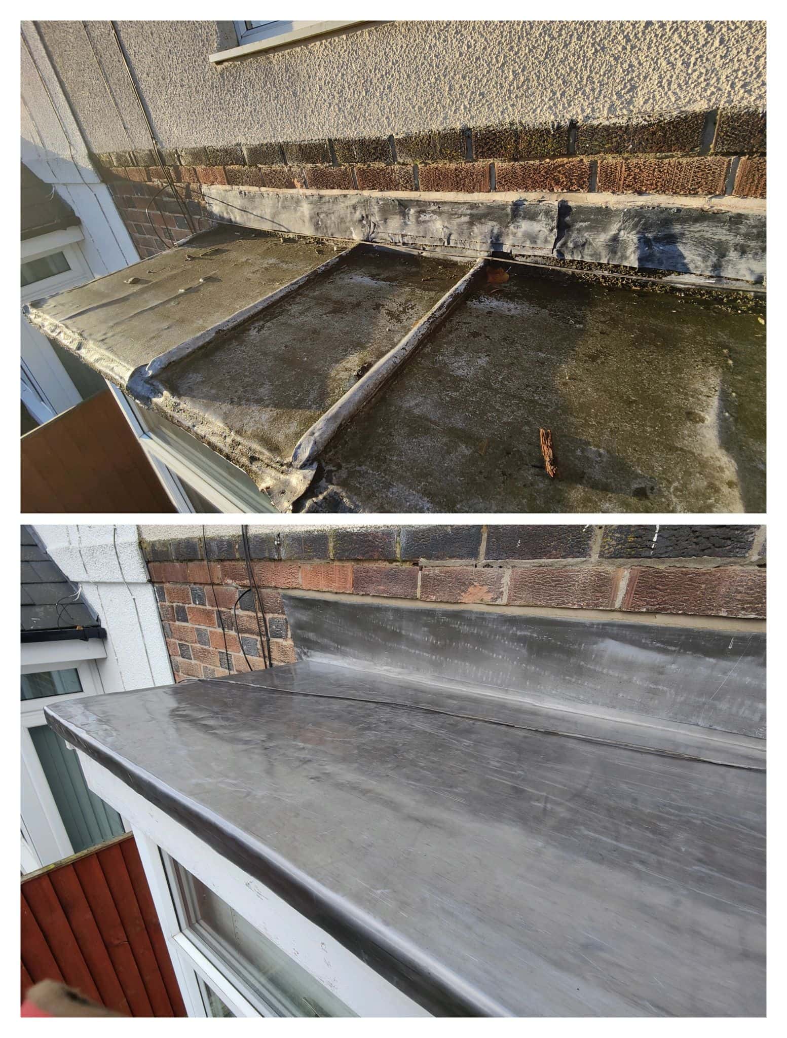 Flat roof above a bay window before and after renewal, showing new grey GRP fibreglass covering