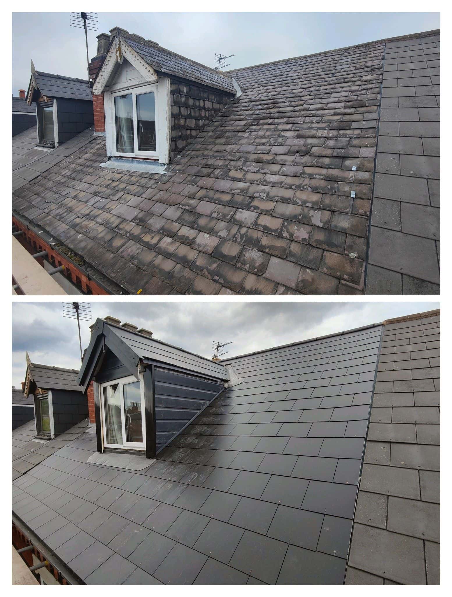 Pitched roof with dormer window before and after a full re-roof, showing new tiles and re-clad dormer cheeks
