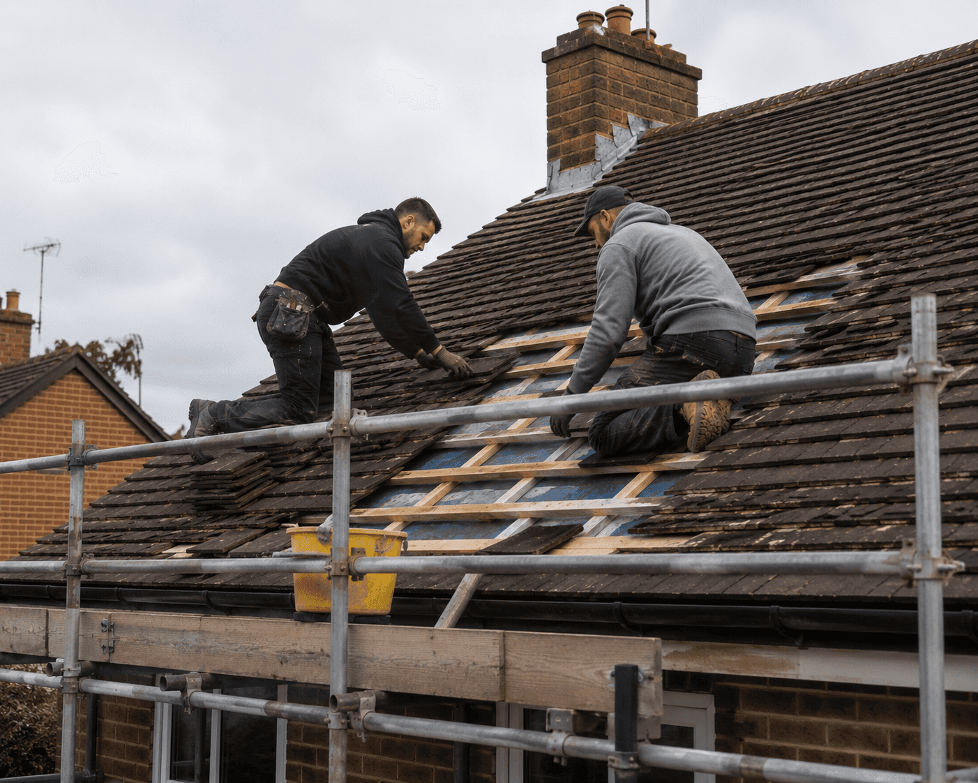 Two men working on a roof repair