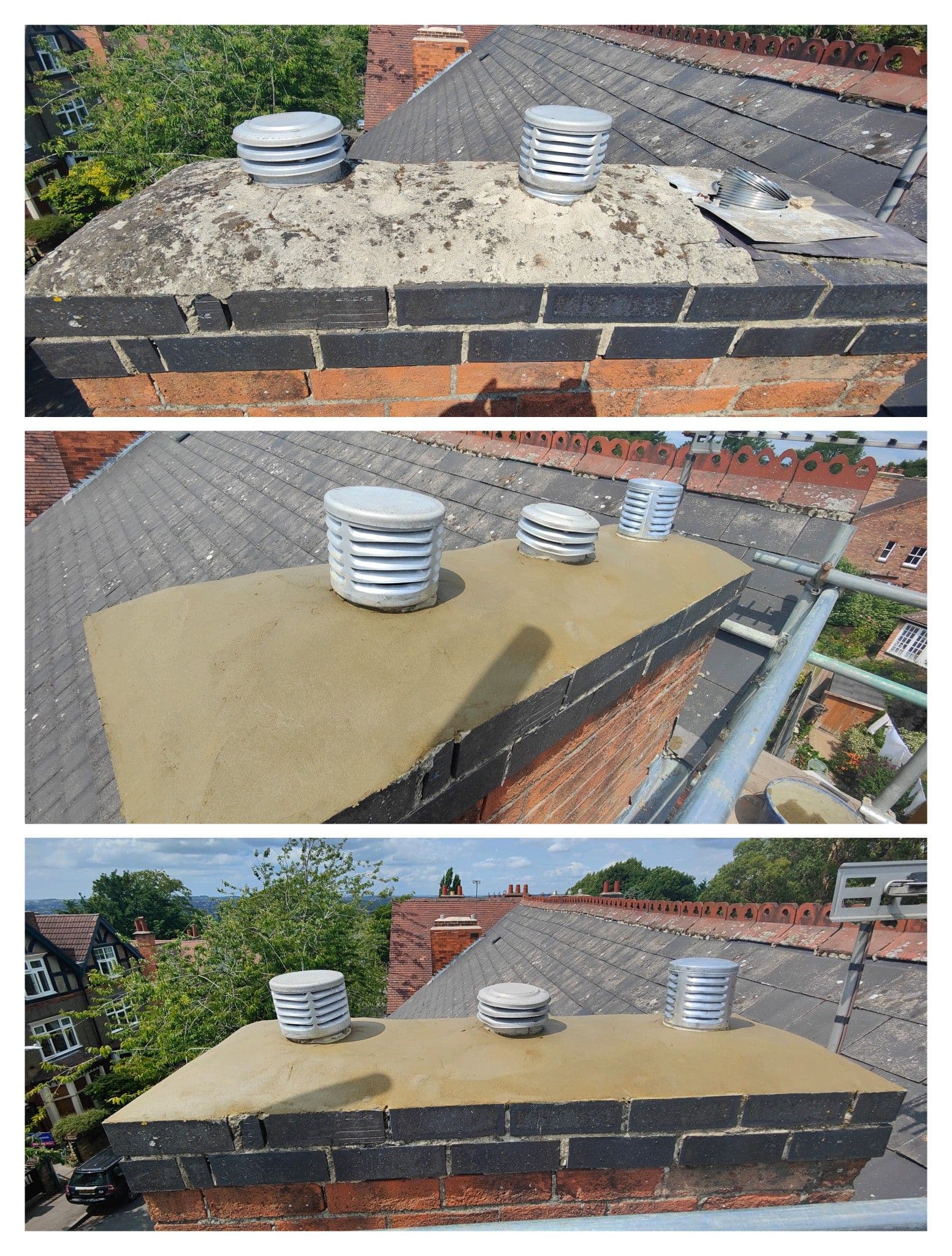 Rebuilt chimney stack with new brickwork, flaunching, and lead-capped vent cowls